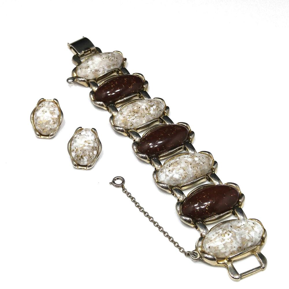 Vintage Confetti Lucite Cabochon Bracelet Earrings Set Brown White